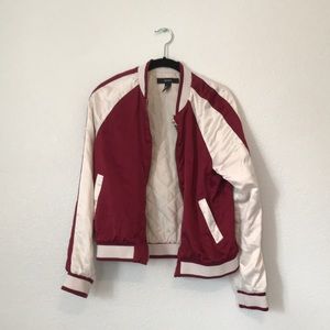 Burgundy and white satin bomber jacket